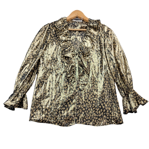 Alice + Olivia Womens Silk Blend Blouse Size XS Leopard Print Metallic Elliott - Picture 1 of 14